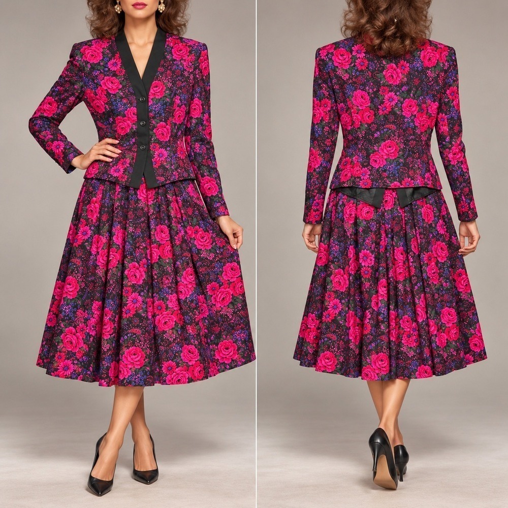 California Design Dorothy Samuel Skirt Set Womens 12 Floral Rayon 80s USA Made